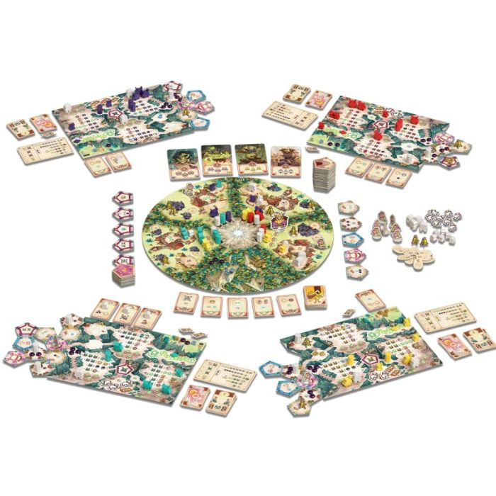 Setup completo di un gioco da tavolo con tabellone centrale, schede giocatore e pedine.