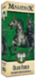 Scatola Malifaux Cavaliere Morto, figura oscura su cavallo impennato.