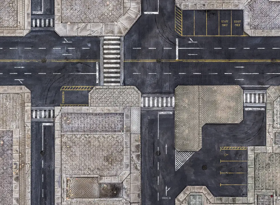 Dall'alto: incrocio urbano futuristico con strade scure e blocchi di edifici.