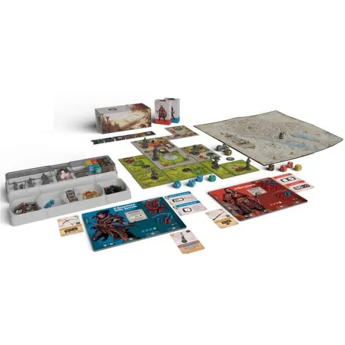 Componenti di un gioco da tavolo fantasy sparsi, con miniature e carte.
