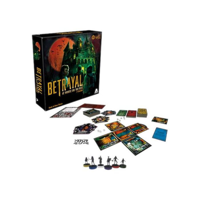 Scatola e componenti del gioco da tavolo Betrayal, terza edizione.