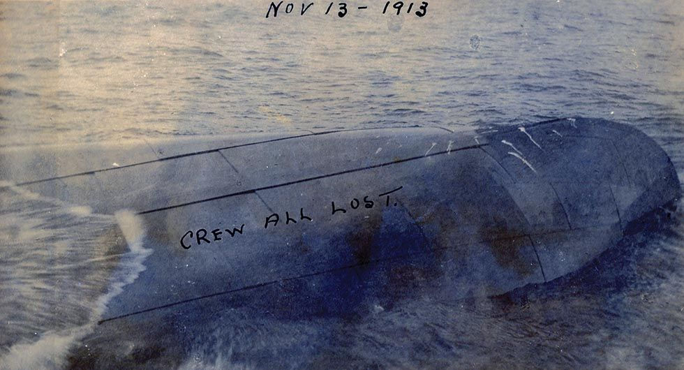 Charles S. Price floating bottom up in Lake Huron / Photo- Collingwood Museum Collection