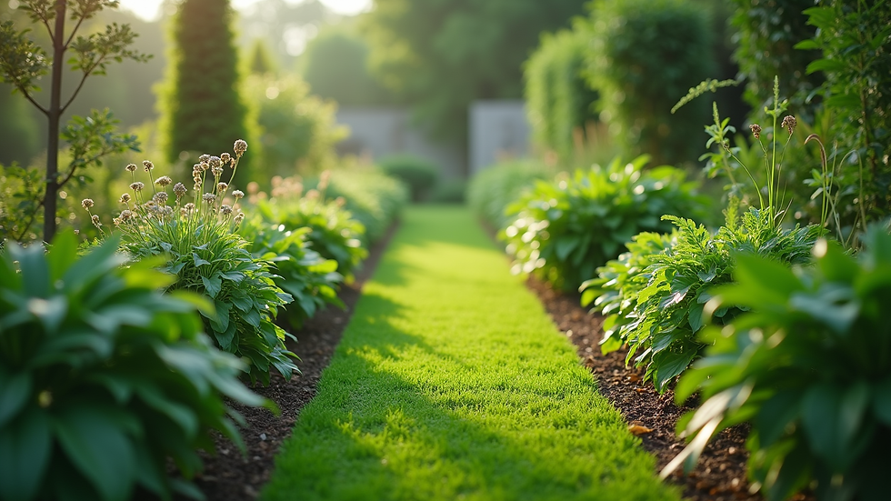 Eye-level view of a lush green garden with diverse plants