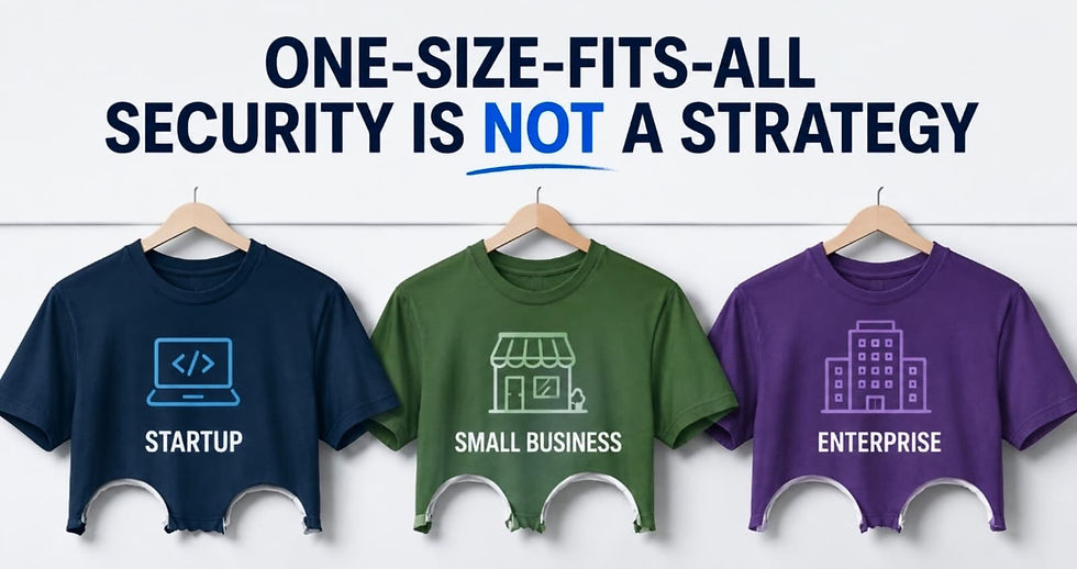 Three t-shirts on hangers labeled Startup, Small Business, and Enterprise — all the same size and all visibly ill-fitting, illustrating that a one-size-fits-all approach to cybersecurity fails every type of organization.