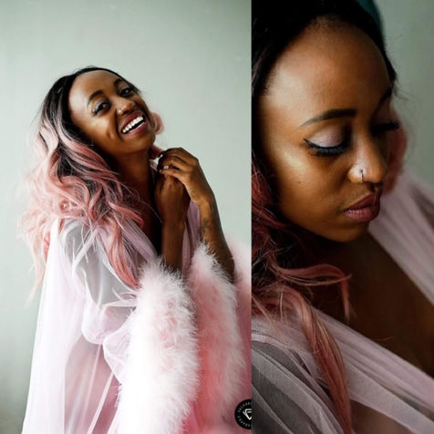 Woman in pink robe laughing, EJS Beauty, portrait, stunning beauty, light background.