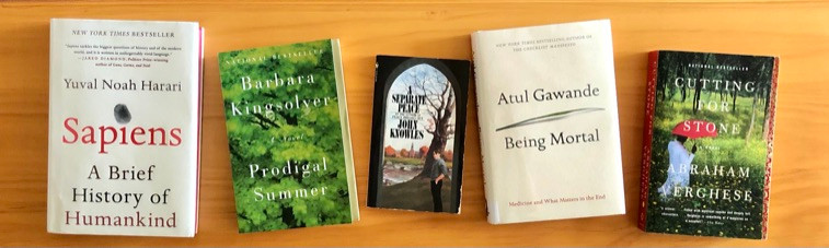 Sapiens by Yuval Noah Harari, Prodigal Summer by Barbara Kingsolver, A Separate Peace by John Knowles, Being Mortal by Atul Gawande, Cutting for Stone by Abraham Vergese