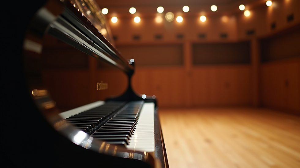Eye-level view of a grand piano in a concert hall