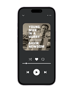 Smartphone displaying an audiobook player interface for 'Young Man in a Hurry: A Memoir of Discovery' by Gavin Newsom.