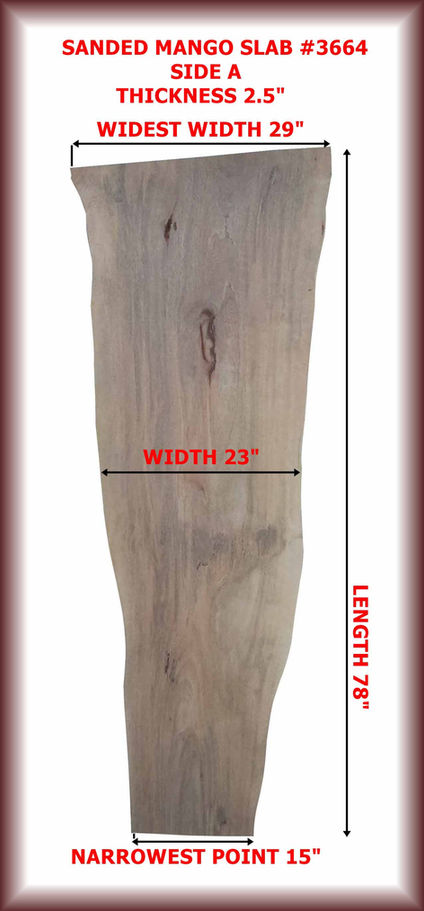 Wooden slab, image showing width 23", and length measurements. Diamond Tropical Hardwoods.