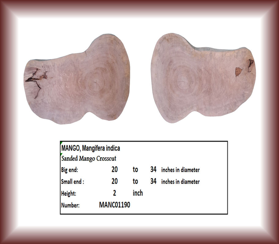 Two sanded mango crosscuts with text details: Mango Crosscut MANC01757, big and small ends.