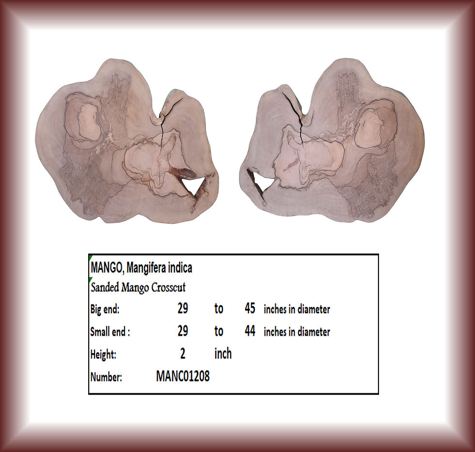 Two Mango Crosscut MANC01760 wood cross sections, with details on dimensions and text.