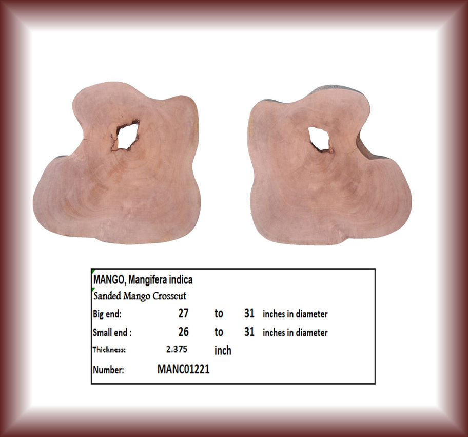 Two Sanded Mango Crosscut pieces, with dimensions and MANC01757 number detail. Diamond Tropical Hardwoods