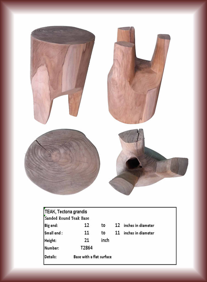 TEAK, Tectona grandis Sanded Teak Base T2916, rounded stool, and size details shown.