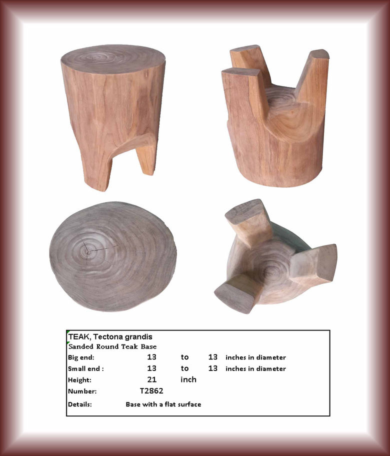 Four views of Sanded Teak Base T2906, Teak, features, dimensions, flat surface.