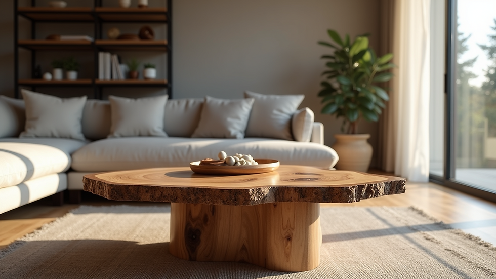 Eye-level view of a live edge wood slab coffee table in a modern living room