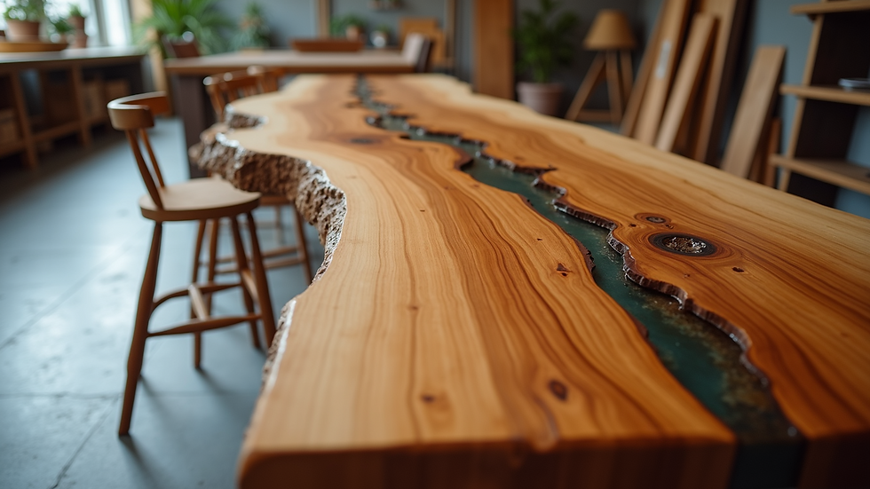High angle view of a custom wood slab table with resin inlay