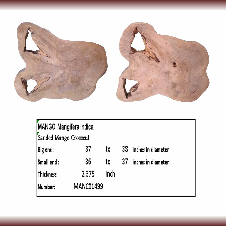 Two sanded mango crosscut pieces with text: Mango Crosscut MANC01760. Diamond Tropical Hardwoods.