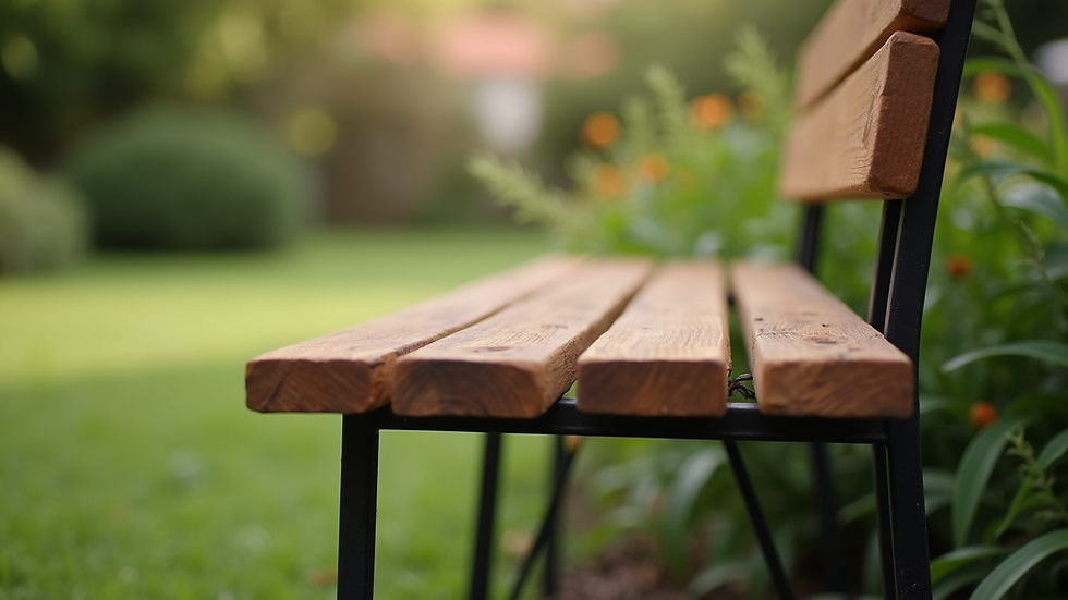 Close-up view of a wood slab bench with metal legs in a garden setting