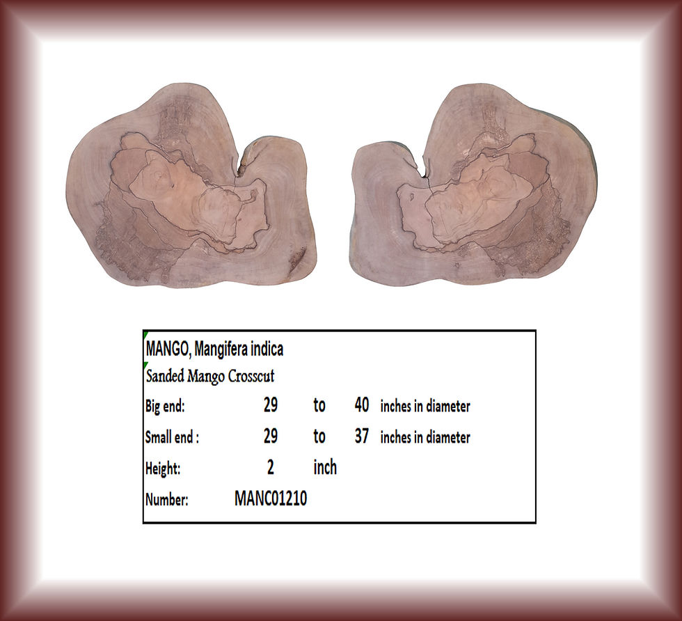 Two mango wood slabs with text: MANGO, Mango Crosscut MANC01760. Sliced wood pieces.