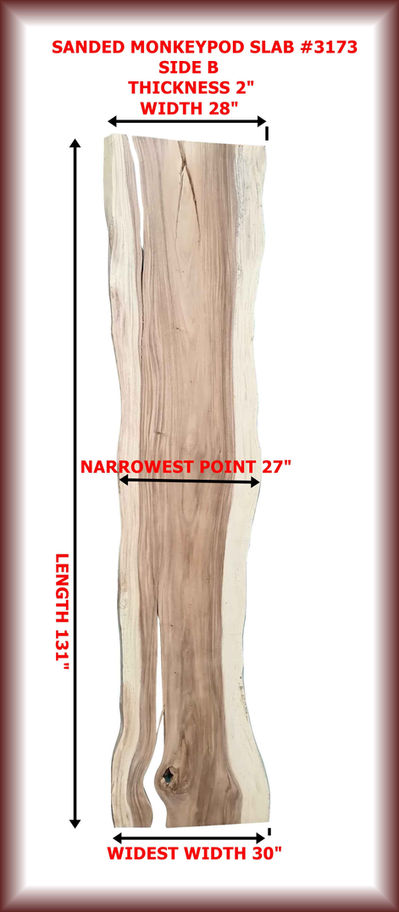 Wood slab with text: Length 132" and Narrowest Point 27" description.