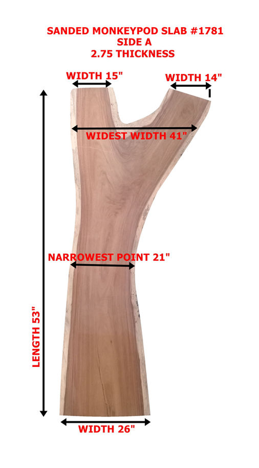 Wooden slab displaying dimensions: Widest Width 41", Narrowest Point 21", and Length 53".