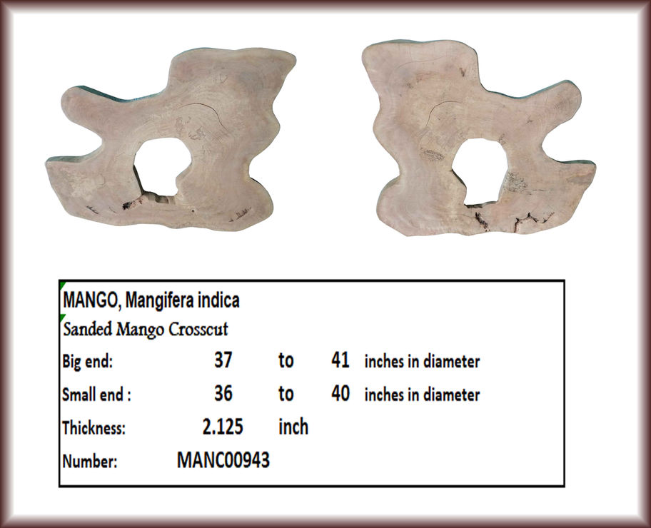 Sanded Mango Crosscut with dimensions and MANC00943. Diamond Tropical Hardwoods