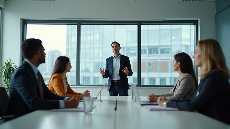 Eye-level view of a modern office meeting room with a single leader presenting