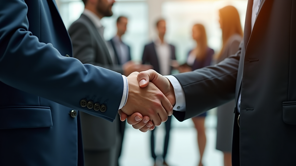 Close-up view of a professional shaking hands at a networking event