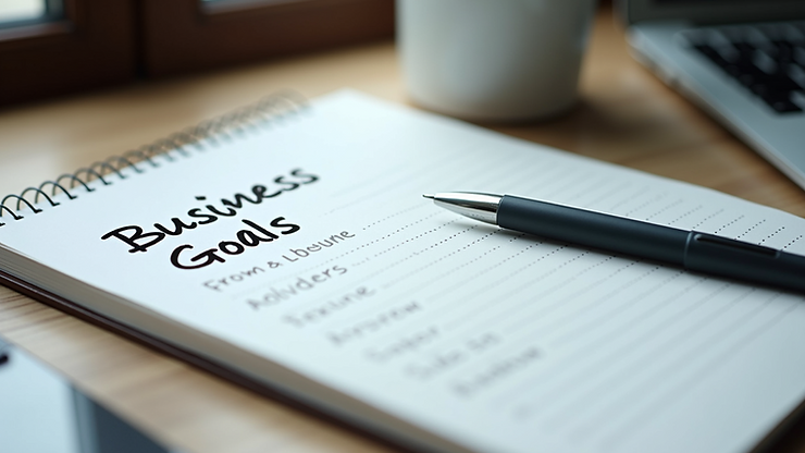 Close-up view of a notebook with business goals and a pen on a desk