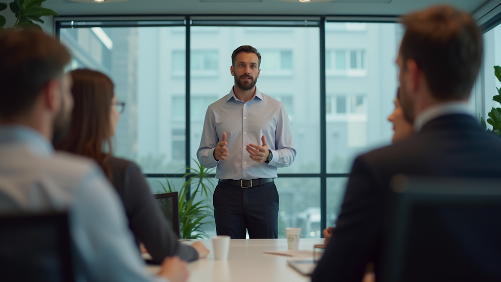 Eye-level view of a confident speaker addressing a small group in a modern office
