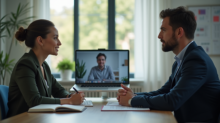 Eye-level view of a virtual coaching session with one leader engaged