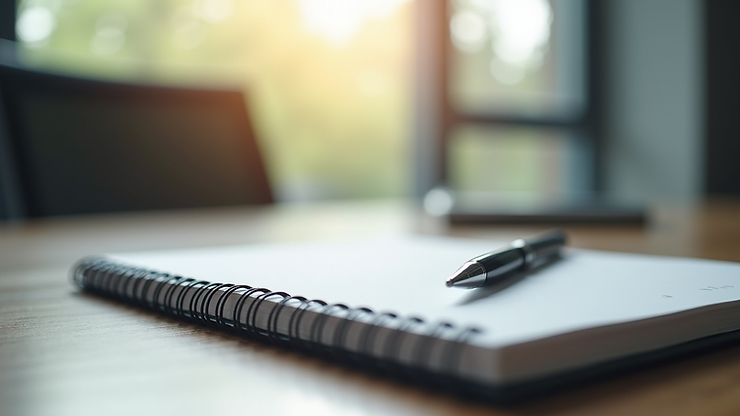Eye-level view of a modern office desk with a notebook and pen ready for coaching session