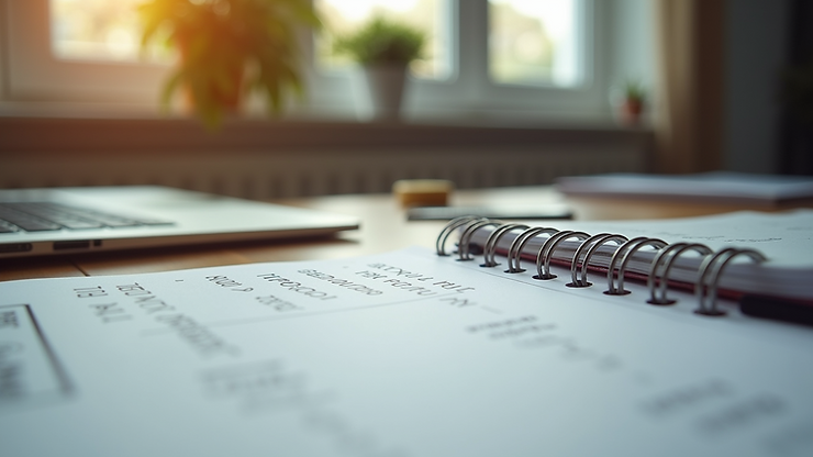 Eye-level view of a desk with a planner and goal-setting notes