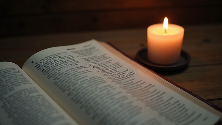 High angle view of an open Bible with a candle