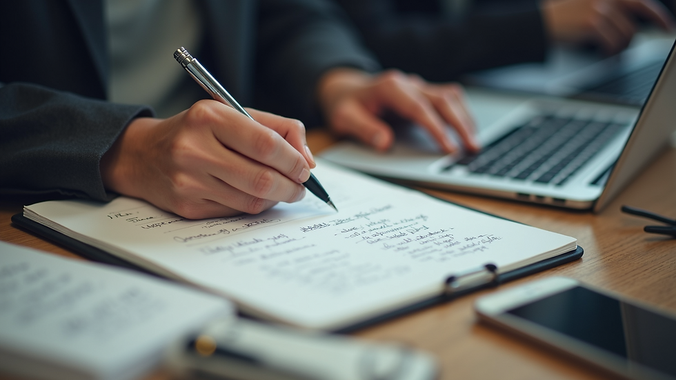 High angle view of a person writing notes during a feedback session