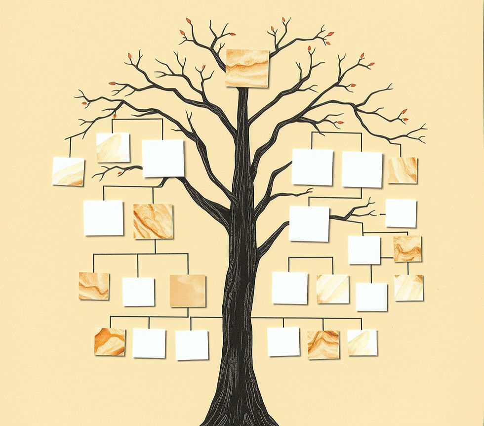 A family tree with boxes and lines representing a hierarchy