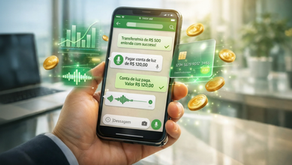 Mão segurando smartphone exibindo interface de chat com inteligência artificial conversacional realizando transações financeiras. Elementos digitais como moedas de ouro, gráficos de barras e cartão de crédito translúcido flutuam ao redor do celular, simbolizando a desmaterialização dos serviços bancários digitais.