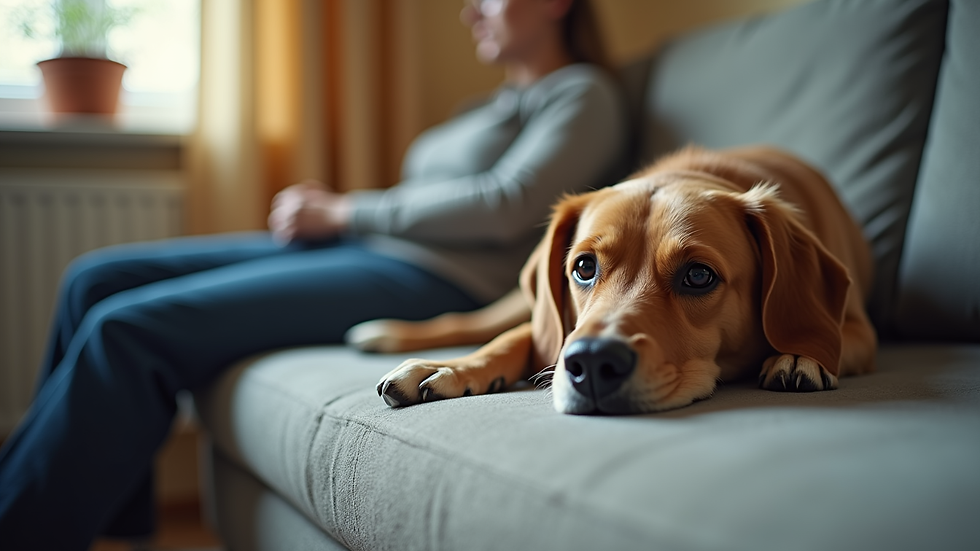 Eye-level view of a therapy dog lying on a couch with a person nearby