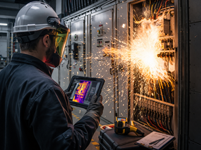 Technician in PPE uses thermal imaging tablet to inspect electrical panel during arc flash event.