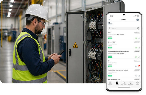 Electrician using Egalvanic CMMS to track an electrical asset for NFPA 70B compliance in industrial facility.