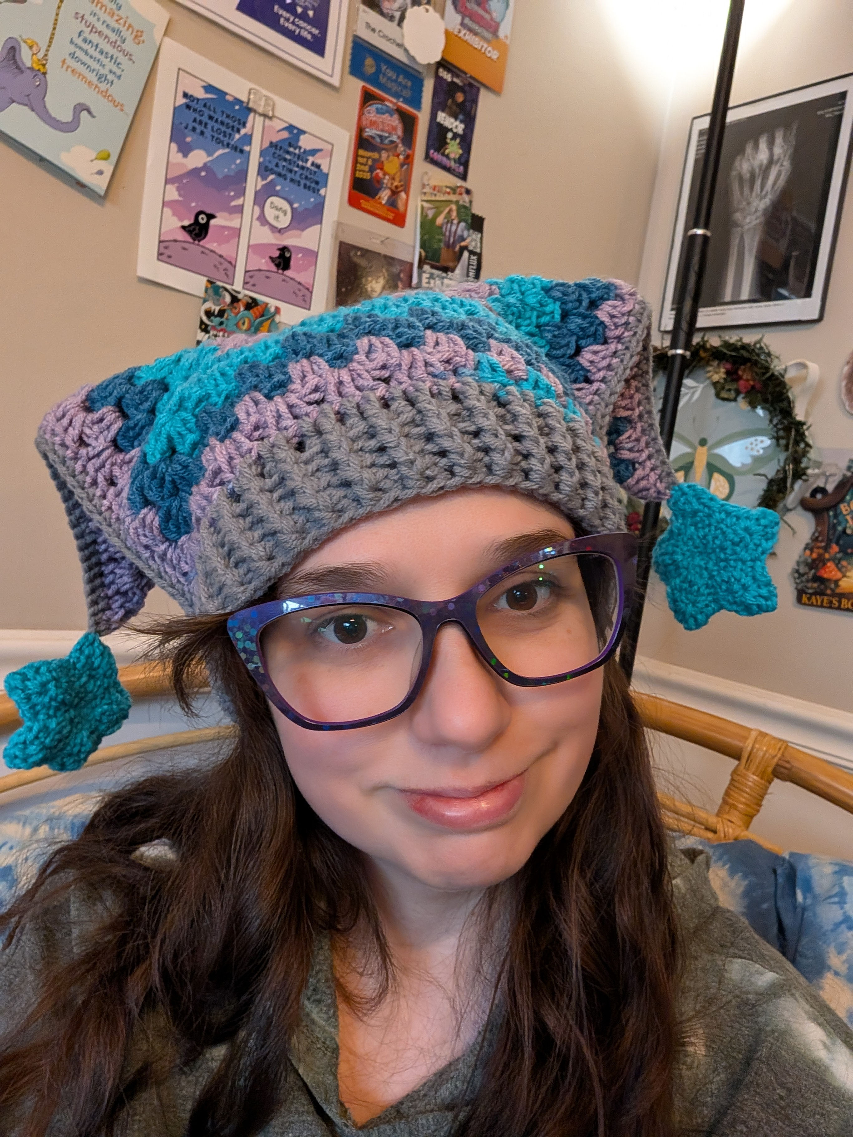 Purple, Blue, & Grey Hexagon Hat with Stars