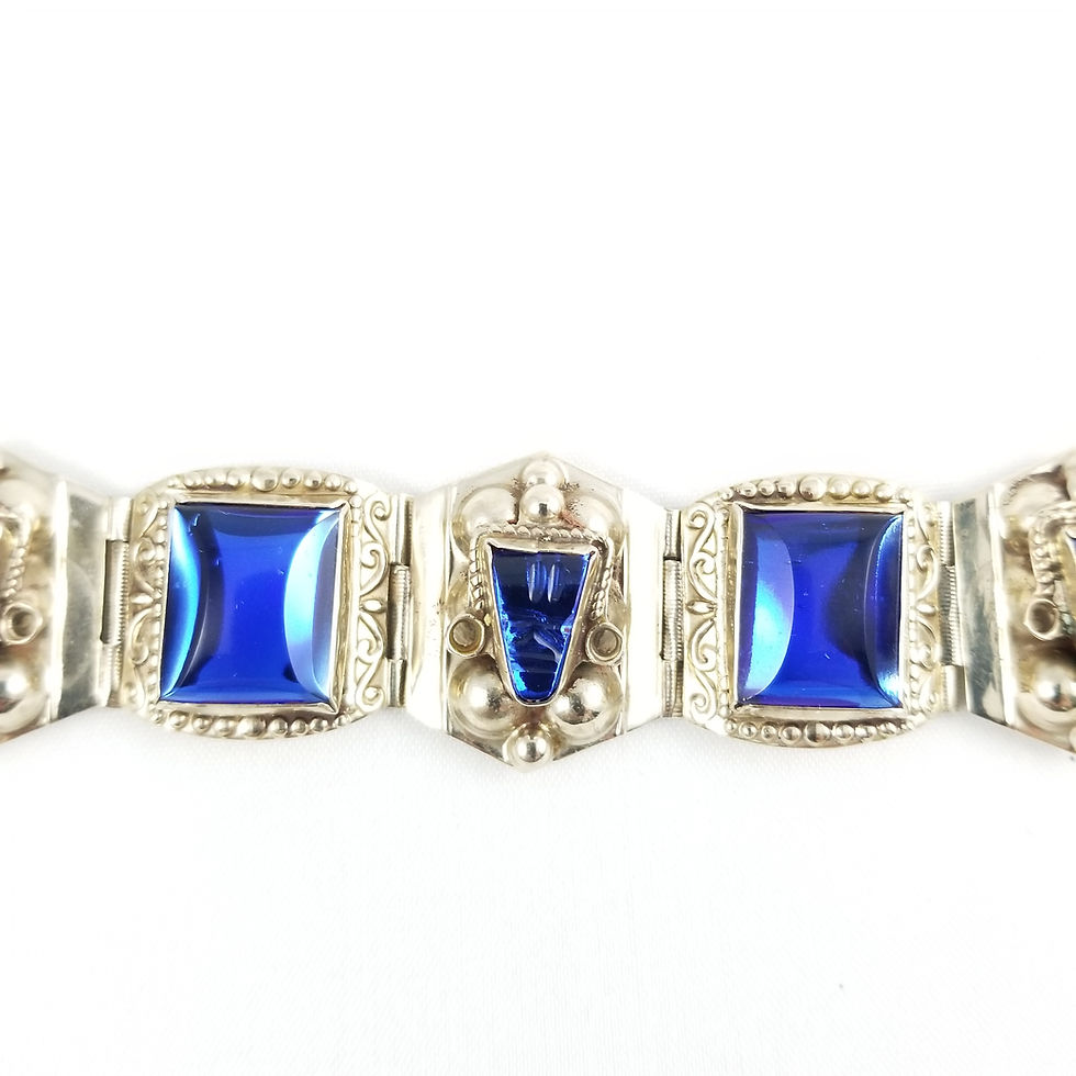Thumbnail: Vintage Mayan Warrior Blue Glass & Sterling Panel Bracelet