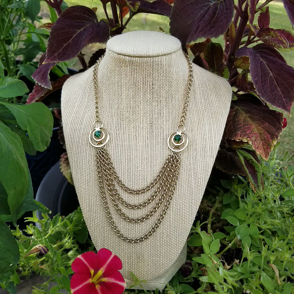 Thumbnail: Retro Waterfall Gold Tone Green Crystal Necklace
