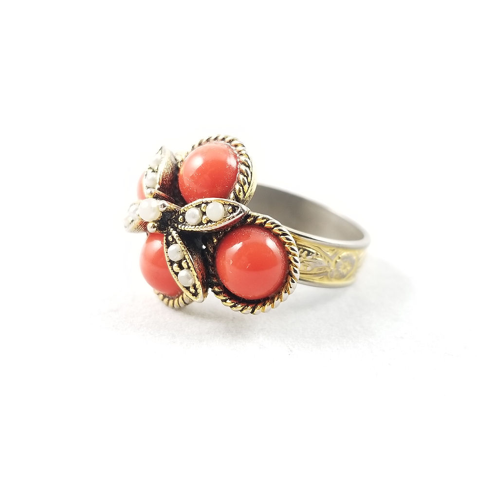 Thumbnail: Vintage Gold Tone Faux Coral and Pearl Adjustable Ring