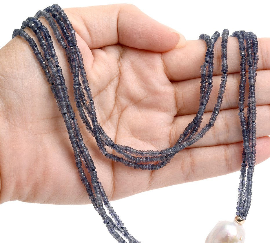 Thumbnail: 14k Iolite & Baroque Pearl Triple Strand Necklace