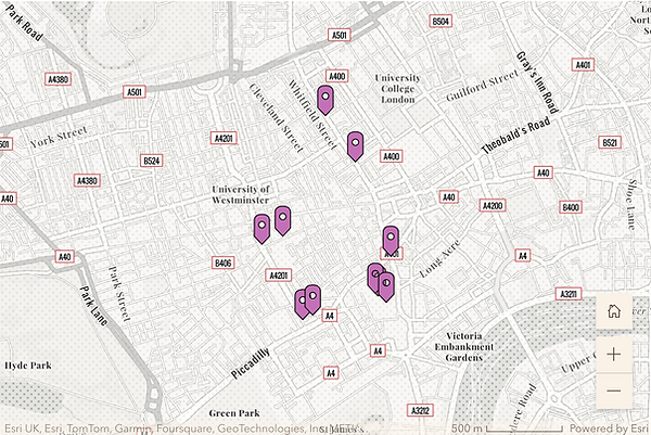 Screenshot of a digital map of London featuring ten locations