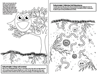 An example of two of the pages in the 4 the Soil coloring book. Left page has Hoot the Owl perched in a tree, with the first principle of soil health at the bottom. The right page has the second principle of soil health at the top, with soil containing worms and micro-organisms at the bottom for coloring.
