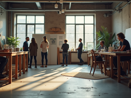 Eye-level view of a co-working art studio with artists collaborating