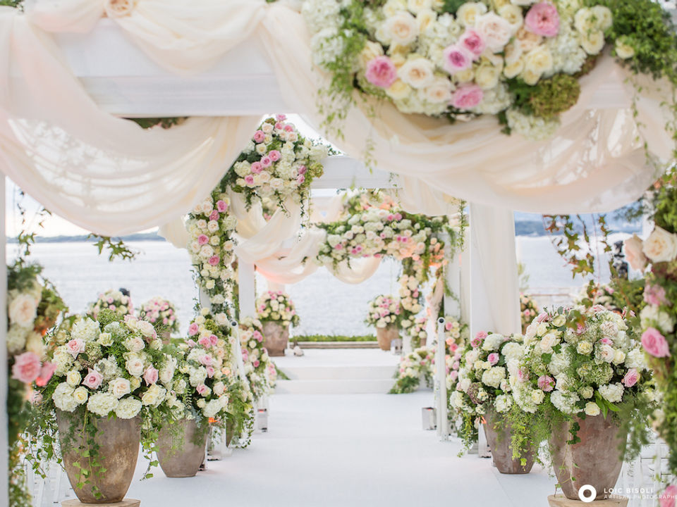 Beautiful flower decorations for wedding ceremony with view overlooking the bay of St Jean Cap Ferrat