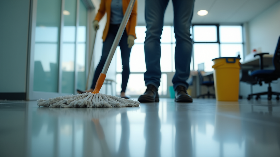 Eye-level view of a professional cleaning team working in an office space